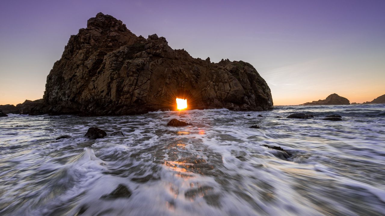 Wallpaper sea, ocean, rock, light, sunset
