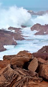 Preview wallpaper sea, ocean, splashes, stones, rocks, nature, landscape
