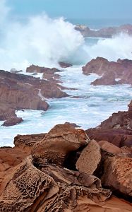 Preview wallpaper sea, ocean, splashes, stones, rocks, nature, landscape