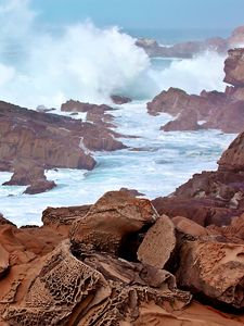 Preview wallpaper sea, ocean, splashes, stones, rocks, nature, landscape