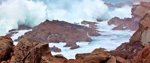 Preview wallpaper sea, ocean, splashes, stones, rocks, nature, landscape