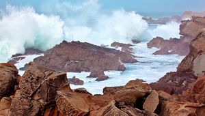 Preview wallpaper sea, ocean, splashes, stones, rocks, nature, landscape