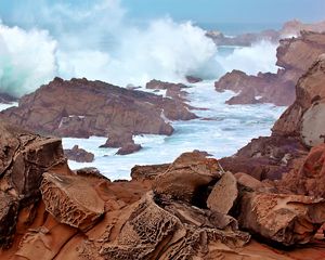 Preview wallpaper sea, ocean, splashes, stones, rocks, nature, landscape