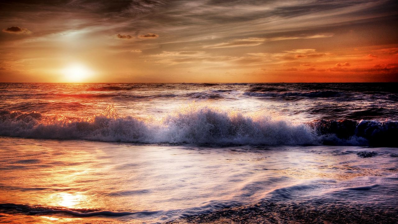 Wallpaper sea, ocean, surf, sunset, foam, hdr