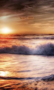 Preview wallpaper sea, ocean, surf, sunset, foam, hdr