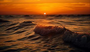 Preview wallpaper sea, ocean, waves, sunset, horizon, sun