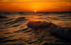 Preview wallpaper sea, ocean, waves, sunset, horizon, sun