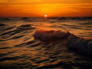 Preview wallpaper sea, ocean, waves, sunset, horizon, sun