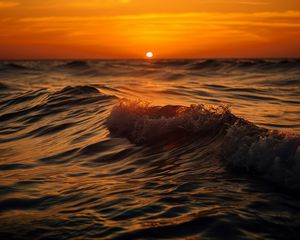 Preview wallpaper sea, ocean, waves, sunset, horizon, sun