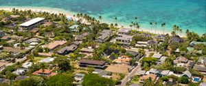 Preview wallpaper sea, palm trees, houses, tropics, aerial view