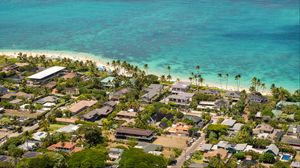 Preview wallpaper sea, palm trees, houses, tropics, aerial view