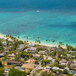 Preview wallpaper sea, palm trees, houses, tropics, aerial view