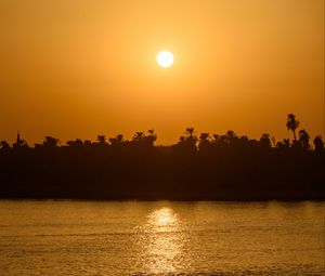 Preview wallpaper sea, palm trees, silhouettes, sunset, sun