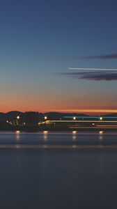 Preview wallpaper sea, pier, lights, long exposure, evening, twilight, reflection