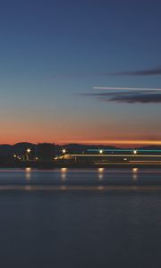 Preview wallpaper sea, pier, lights, long exposure, evening, twilight, reflection
