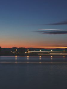 Preview wallpaper sea, pier, lights, long exposure, evening, twilight, reflection