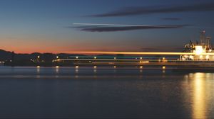 Preview wallpaper sea, pier, lights, long exposure, evening, twilight, reflection