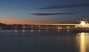 Preview wallpaper sea, pier, lights, long exposure, evening, twilight, reflection