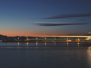 Preview wallpaper sea, pier, lights, long exposure, evening, twilight, reflection