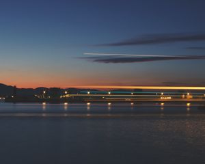 Preview wallpaper sea, pier, lights, long exposure, evening, twilight, reflection