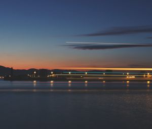 Preview wallpaper sea, pier, lights, long exposure, evening, twilight, reflection