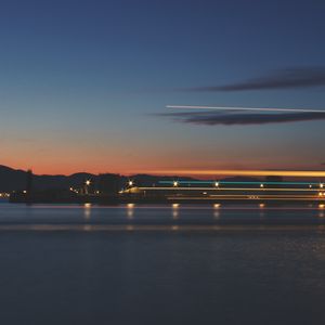 Preview wallpaper sea, pier, lights, long exposure, evening, twilight, reflection