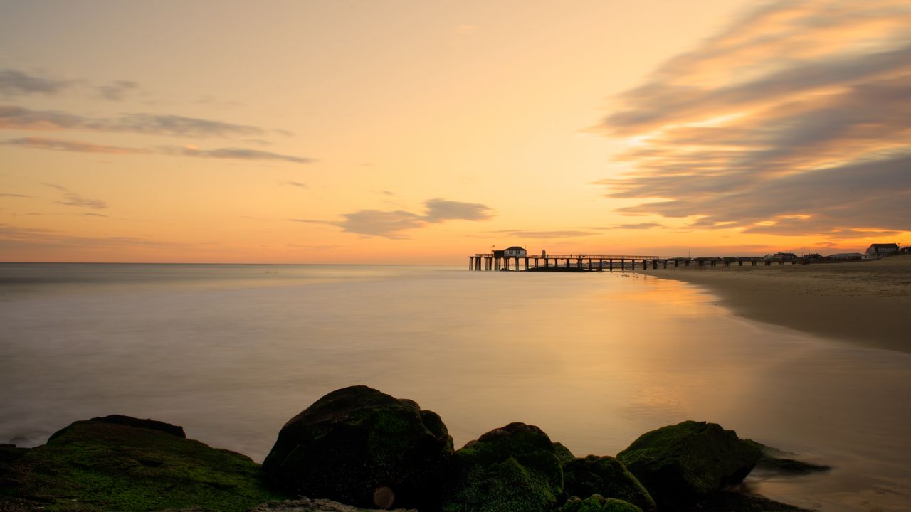 Wallpaper sea, pier, sunset, shore, landscape