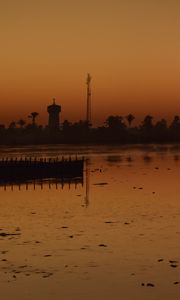 Preview wallpaper sea, pier, trees, sunset, reflection, nature