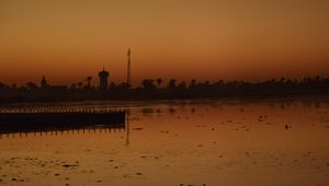 Preview wallpaper sea, pier, trees, sunset, reflection, nature