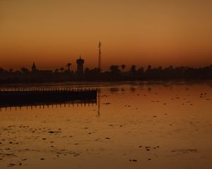 Preview wallpaper sea, pier, trees, sunset, reflection, nature