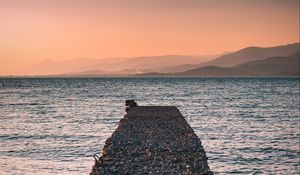 Preview wallpaper sea, plate, breakwater, water, coast, hills