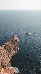 Preview wallpaper sea, rock, aerial view, ship, water