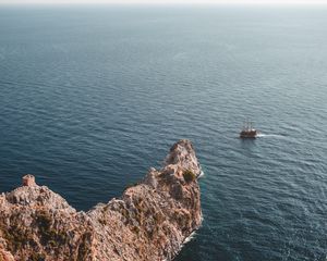 Preview wallpaper sea, rock, aerial view, ship, water