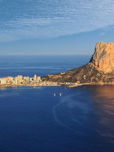 Preview wallpaper sea, rock, buildings, boats, sails