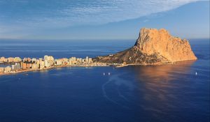 Preview wallpaper sea, rock, buildings, boats, sails