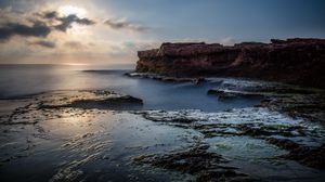 Preview wallpaper sea, rock, coast, relief, long exposure, landscape