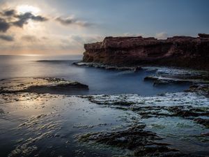 Preview wallpaper sea, rock, coast, relief, long exposure, landscape