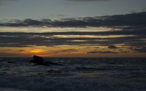Preview wallpaper sea, rock, sunset, dark, landscape
