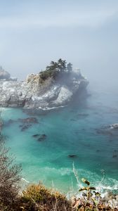 Preview wallpaper sea, rock, trees, fog, nature