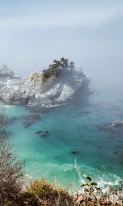 Preview wallpaper sea, rock, trees, fog, nature