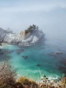 Preview wallpaper sea, rock, trees, fog, nature