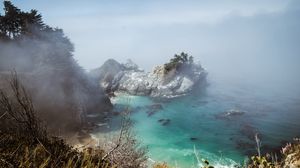 Preview wallpaper sea, rock, trees, fog, nature