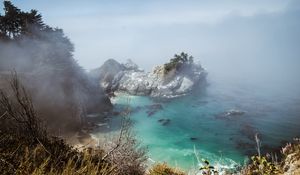 Preview wallpaper sea, rock, trees, fog, nature