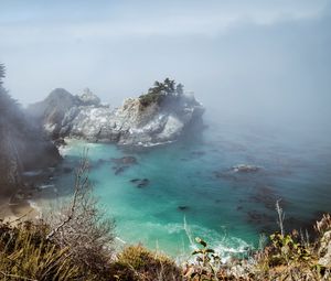 Preview wallpaper sea, rock, trees, fog, nature