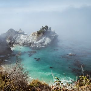 Preview wallpaper sea, rock, trees, fog, nature