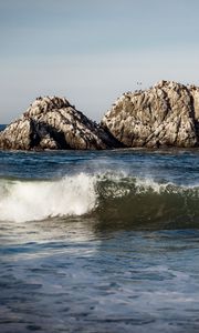 Preview wallpaper sea, rock, wave, birds, nature