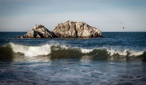 Preview wallpaper sea, rock, wave, birds, nature