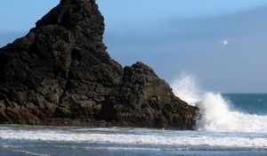 Preview wallpaper sea, rock, wave, seagull, beach