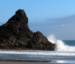 Preview wallpaper sea, rock, wave, seagull, beach