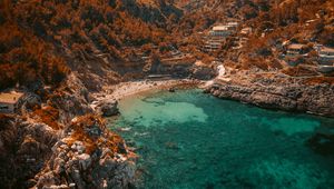 Preview wallpaper sea, rocks, aerial view, coast, beach, bay